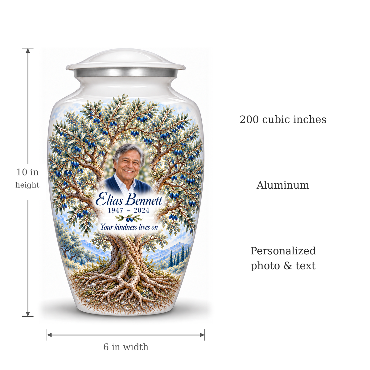Blue Olive Tree of Life adult urn size guide showing 10-inch height, 6-inch width, 200-cubic-inch capacity and Aluminum material