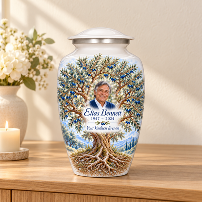 Blue Olive Tree of Life adult urn with sample photo and text displayed on a memorial console