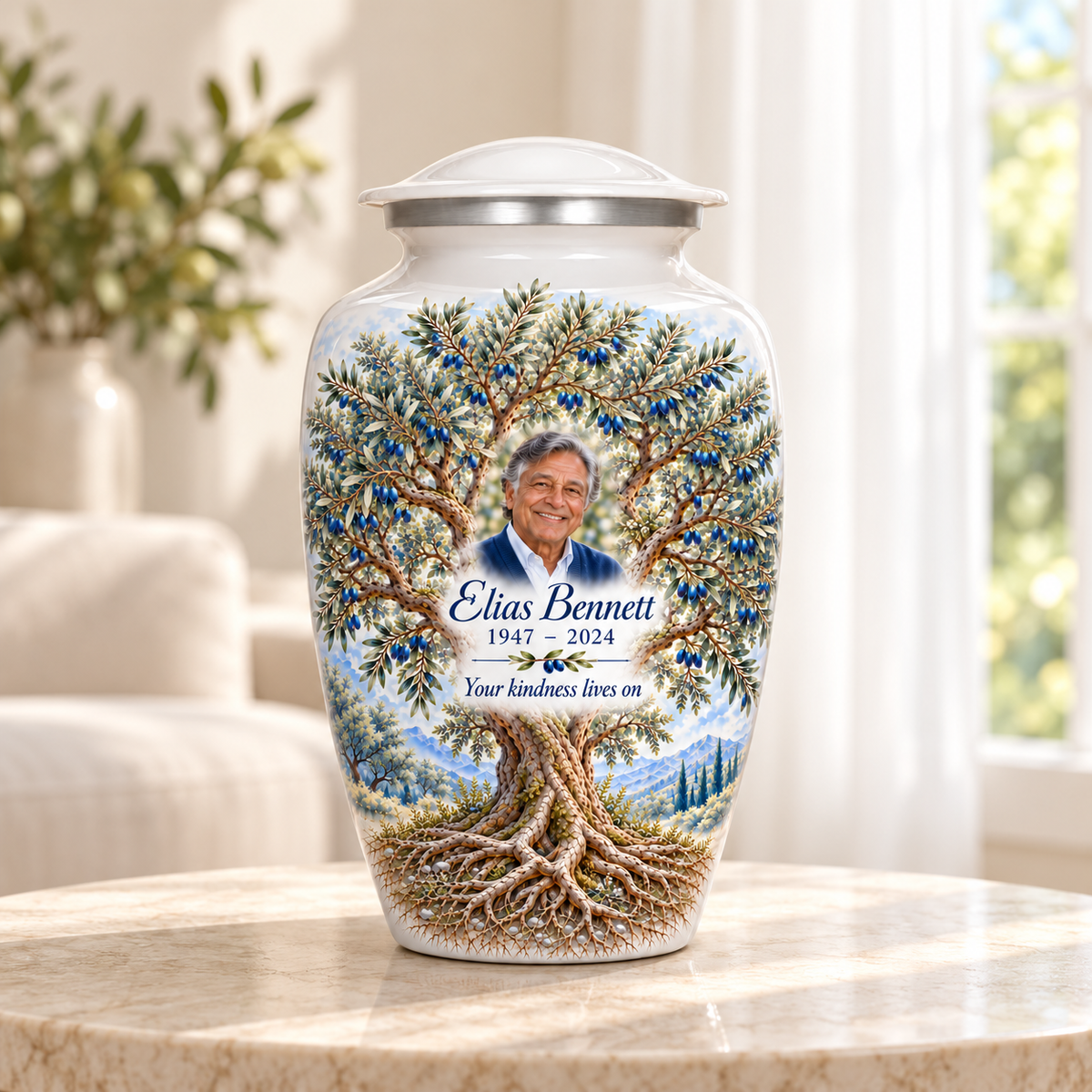 Blue Olive Tree of Life adult urn with sample photo and text displayed in a sunlit home