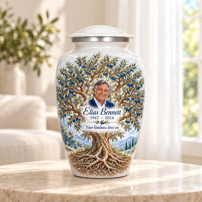 Blue Olive Tree of Life adult urn with sample photo and text displayed in a sunlit home