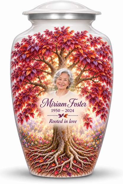 Purple Tree of Life adult urn with purple beech artwork and a borderless sample portrait