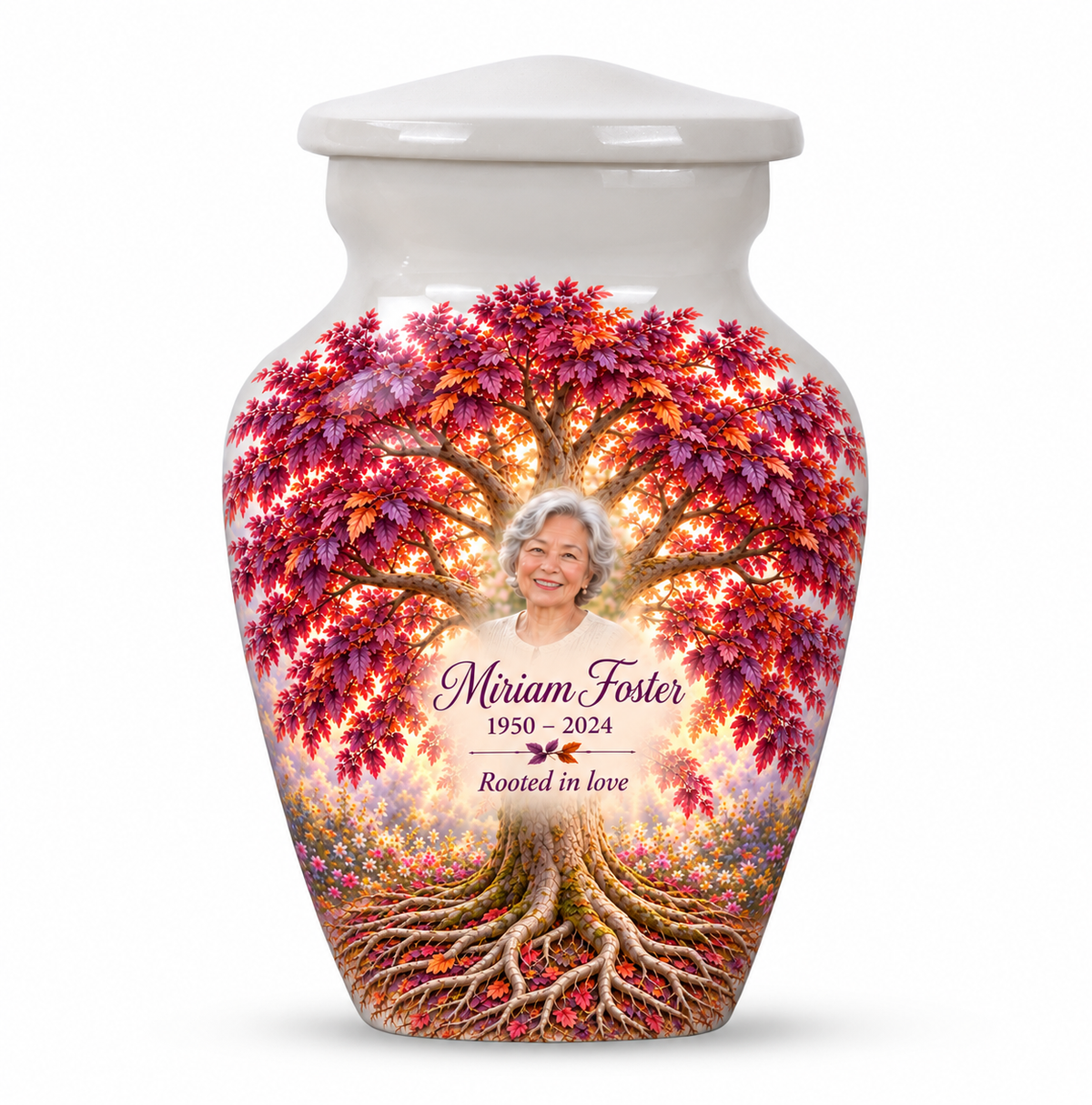 Matching purple Tree of Life keepsake urn with purple beech artwork, sample photo and text