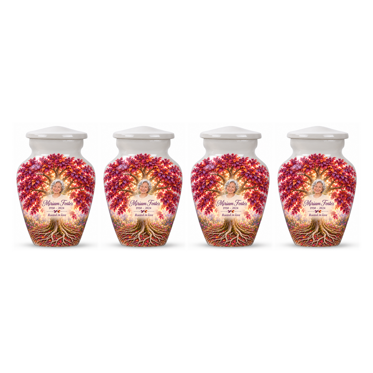 Four matching Purple Beech Tree of Life keepsake urns with sample photo and text on a white background