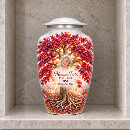 Purple Beech Tree of Life adult urn with sample photo and text displayed in a columbarium niche
