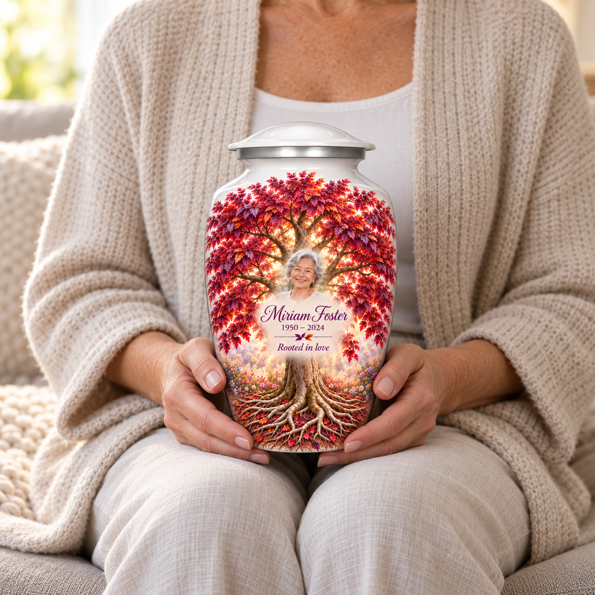 Purple Beech Tree of Life adult urn with sample photo and text held upright on a seated person’s lap