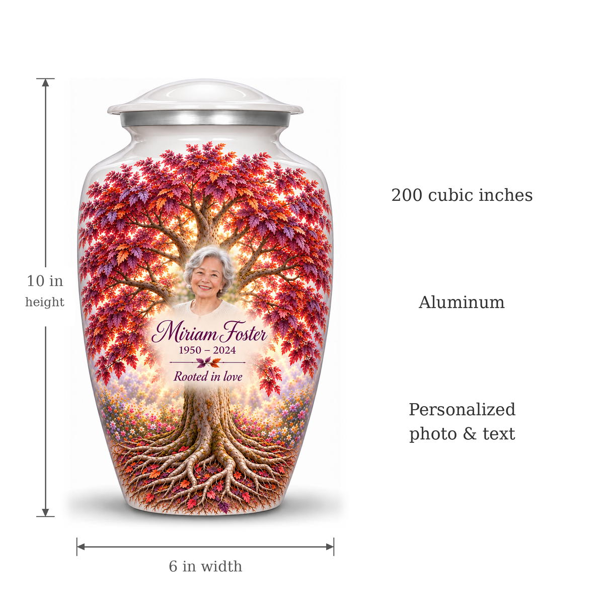 Purple Beech Tree of Life adult urn size guide showing 10-inch height, 6-inch width, 200-cubic-inch capacity and Aluminum material
