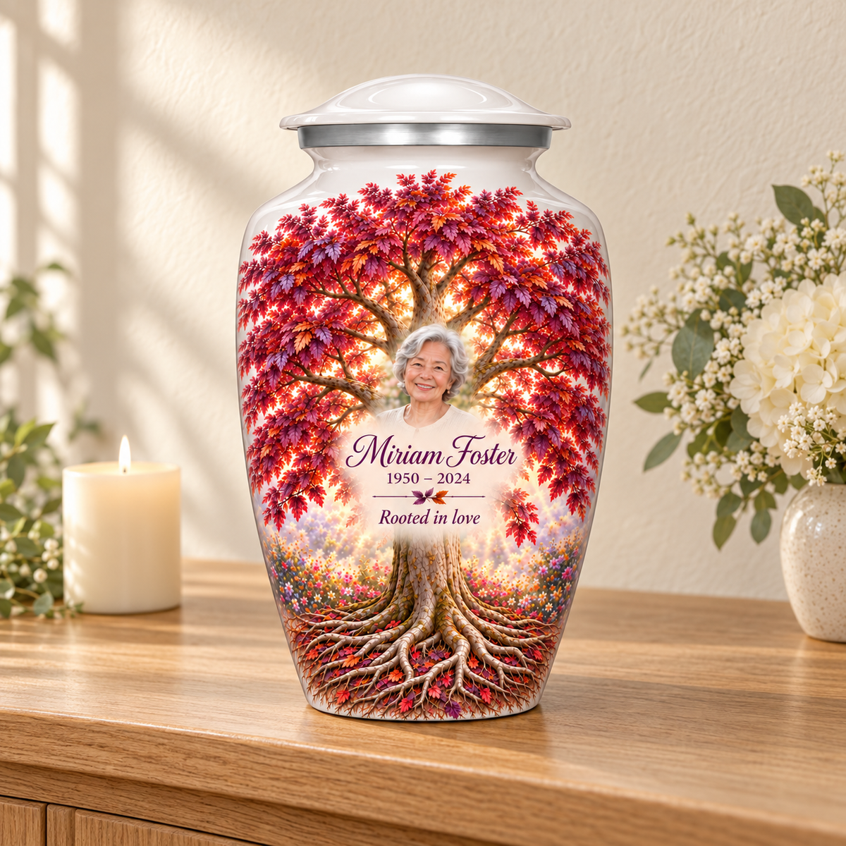 Purple Beech Tree of Life adult urn with sample photo and text displayed on a memorial console