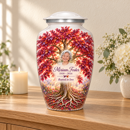 Purple Beech Tree of Life adult urn with sample photo and text displayed on a memorial console