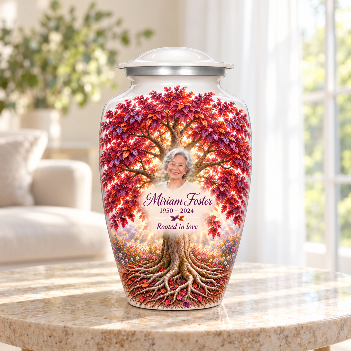 Purple Beech Tree of Life adult urn with sample photo and text displayed in a sunlit home