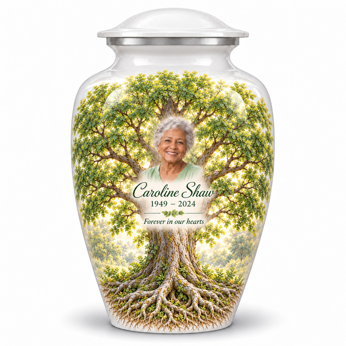 White Tree of Life adult urn with white elm artwork and a borderless sample portrait