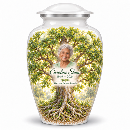 White Tree of Life adult urn with white elm artwork and a borderless sample portrait
