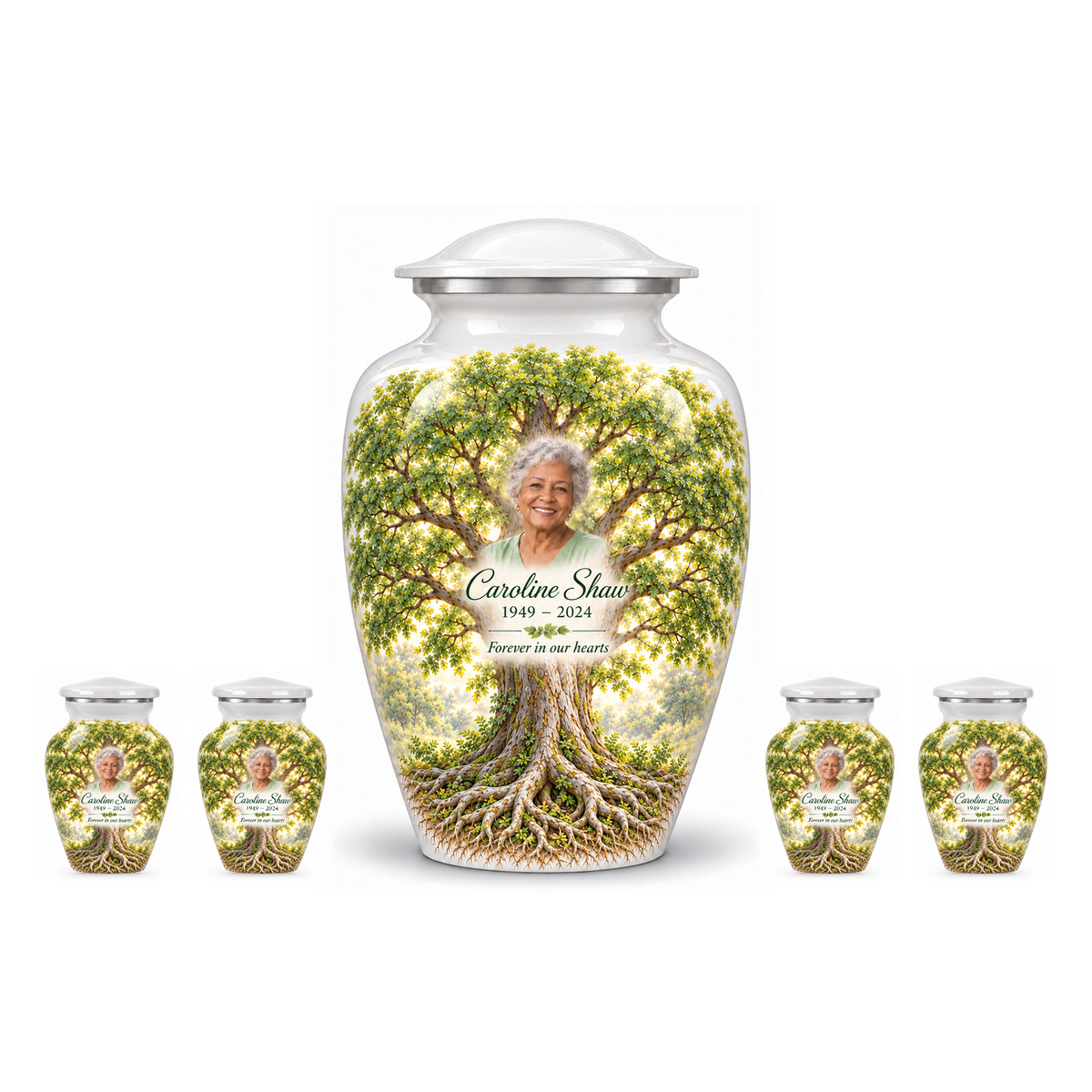 One White Elm Tree of Life adult urn with four matching keepsake urns, sample photo and text, on a white background