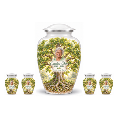 One White Elm Tree of Life adult urn with four matching keepsake urns, sample photo and text, on a white background