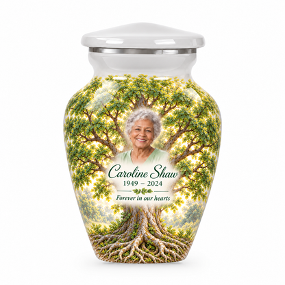 Matching white Tree of Life keepsake urn with white elm artwork, sample photo and text