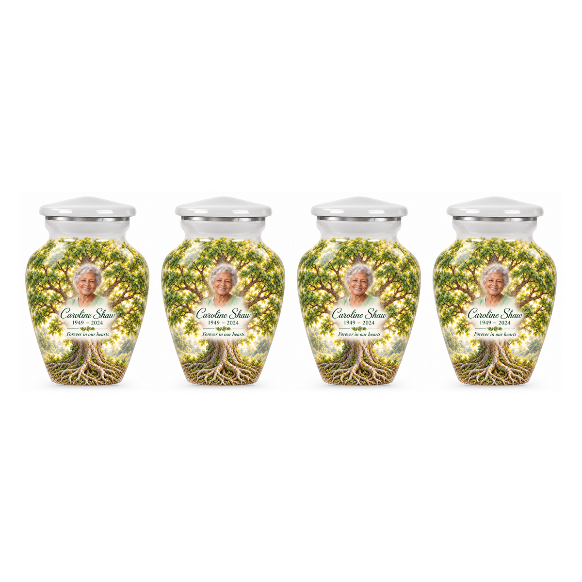 Four matching White Elm Tree of Life keepsake urns with sample photo and text on a white background