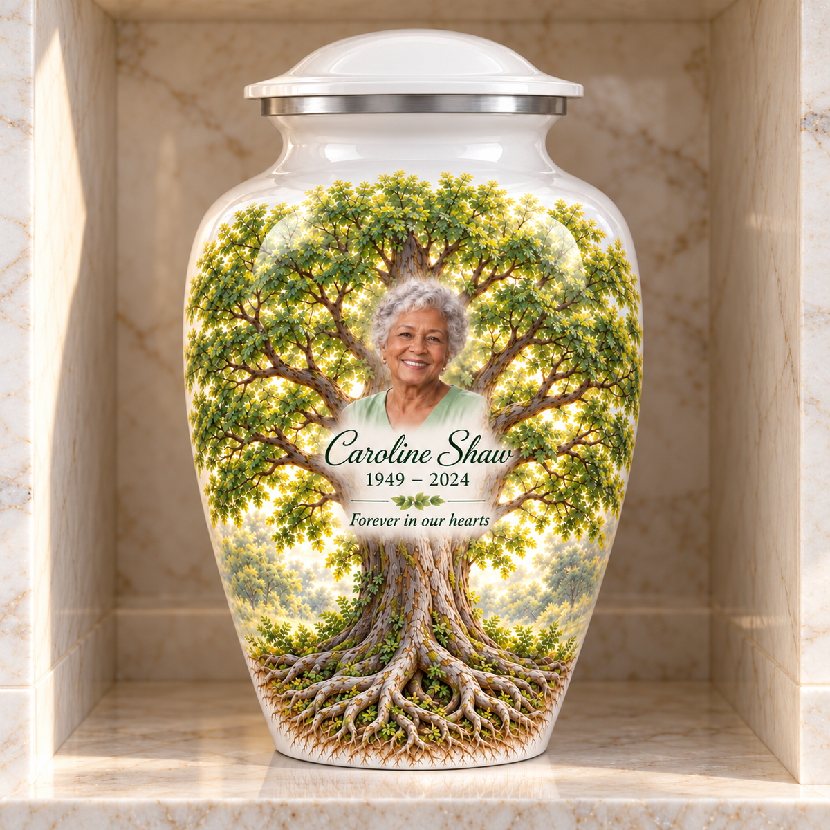 White Elm Tree of Life adult urn with sample photo and text displayed in a columbarium niche