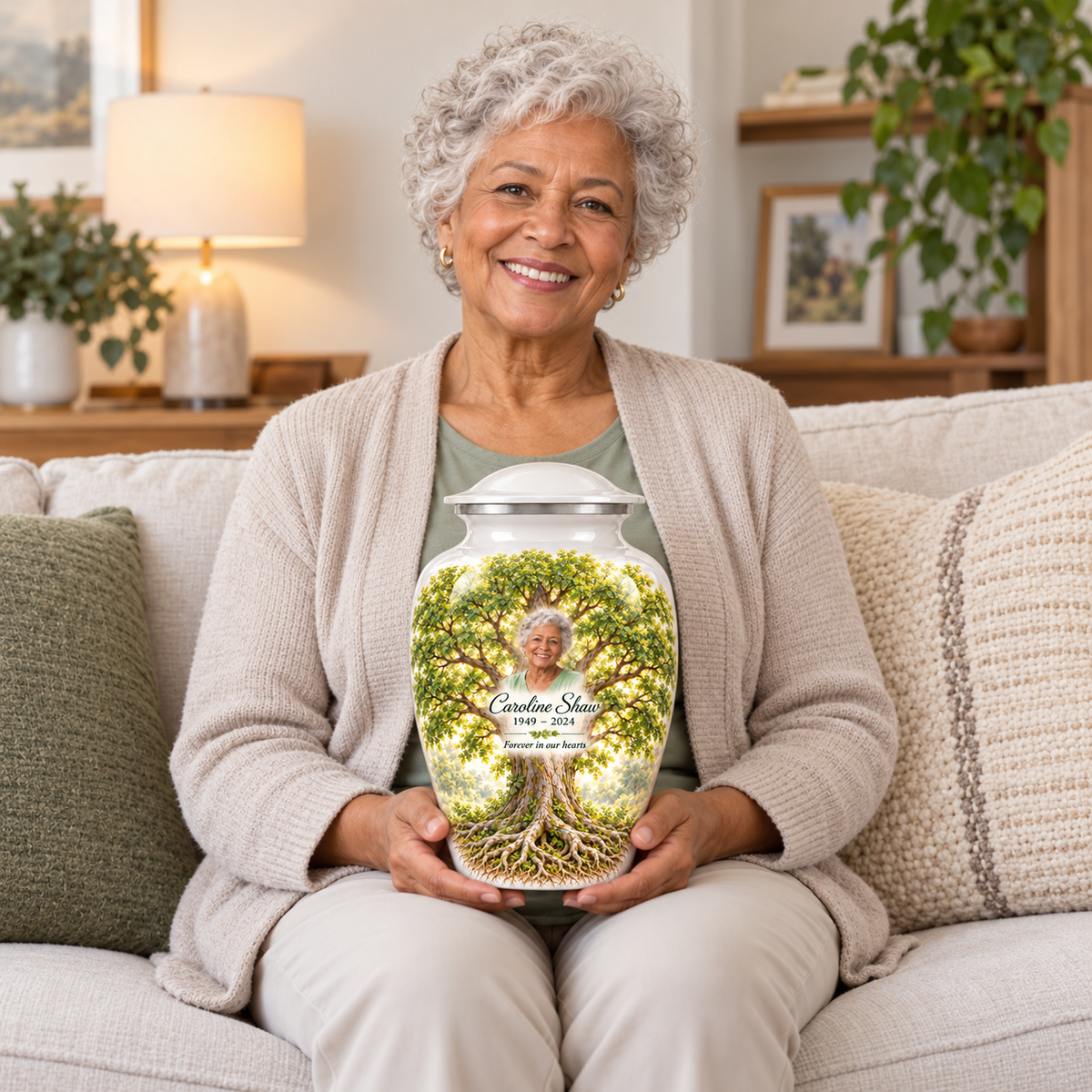 White Elm Tree of Life adult urn with sample photo and text held upright on a seated person’s lap