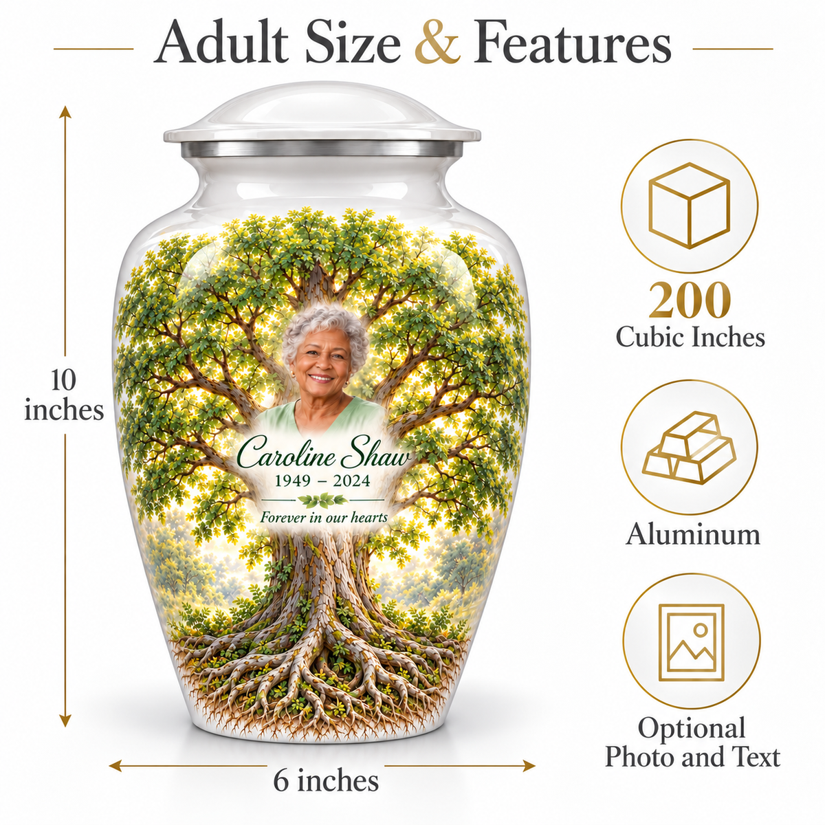 White Elm Tree of Life adult urn size guide showing 10-inch height, 6-inch width, 200-cubic-inch capacity and Aluminum material