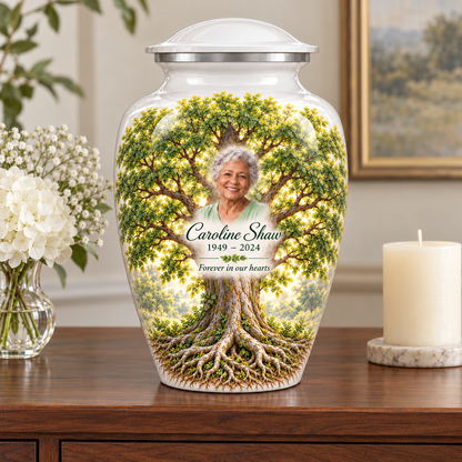 White Elm Tree of Life adult urn with sample photo and text displayed on a memorial console