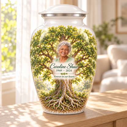 White Elm Tree of Life adult urn with sample photo and text displayed in a sunlit home