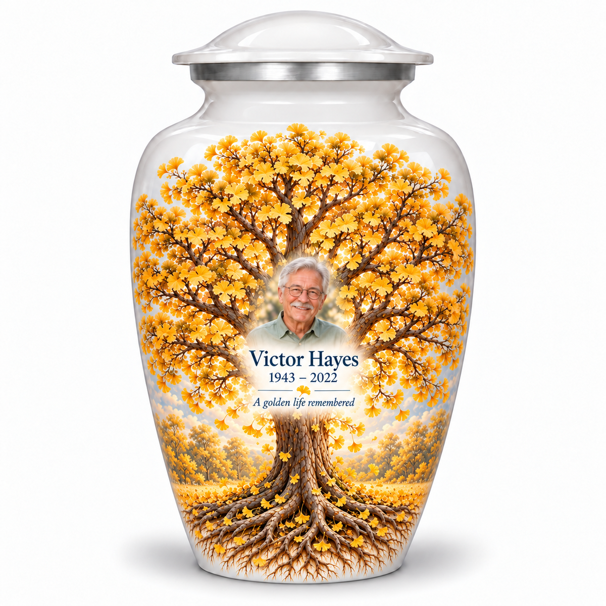Yellow Tree of Life adult urn with golden ginkgo artwork and a borderless sample portrait