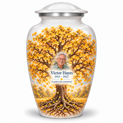 Yellow Tree of Life adult urn with golden ginkgo artwork and a borderless sample portrait