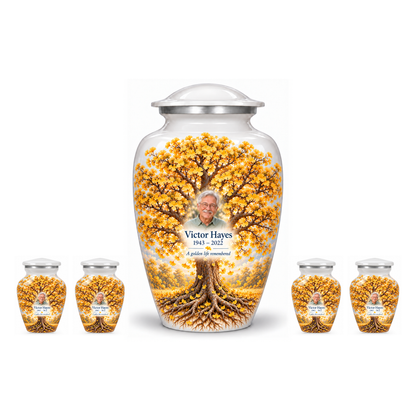 One Golden Ginkgo Tree of Life adult urn with four matching keepsake urns, sample photo and text, on a white background