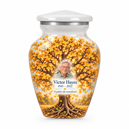 Matching yellow Tree of Life keepsake urn with golden ginkgo artwork, sample photo and text