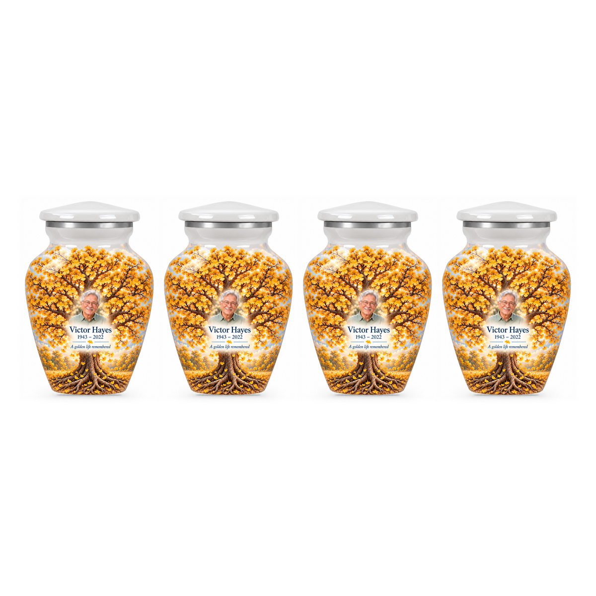 Four matching Golden Ginkgo Tree of Life keepsake urns with sample photo and text on a white background