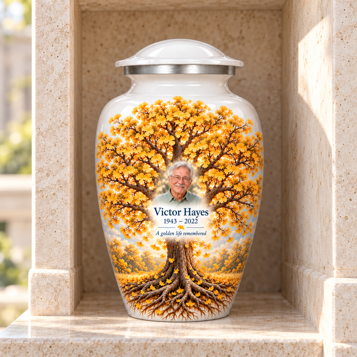 Golden Ginkgo Tree of Life adult urn with sample photo and text displayed in a columbarium niche