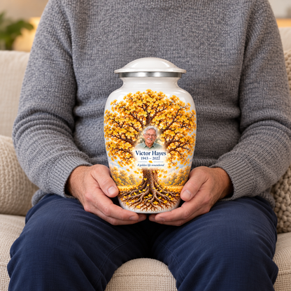 Golden Ginkgo Tree of Life adult urn with sample photo and text held upright on a seated person’s lap
