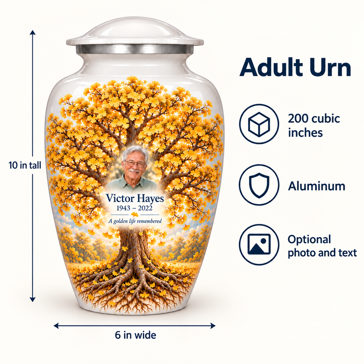 Golden Ginkgo Tree of Life adult urn size guide showing 10-inch height, 6-inch width, 200-cubic-inch capacity and Aluminum material