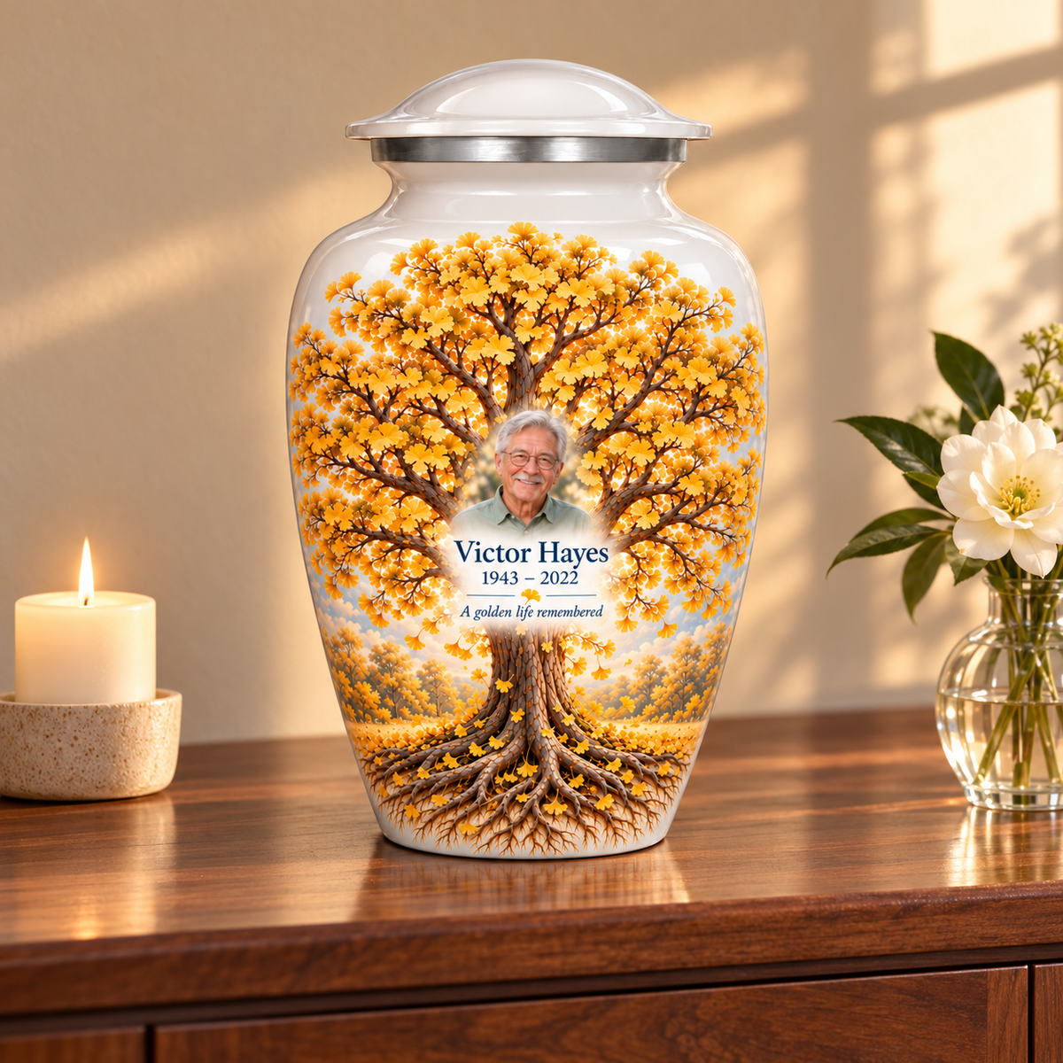 Golden Ginkgo Tree of Life adult urn with sample photo and text displayed on a memorial console