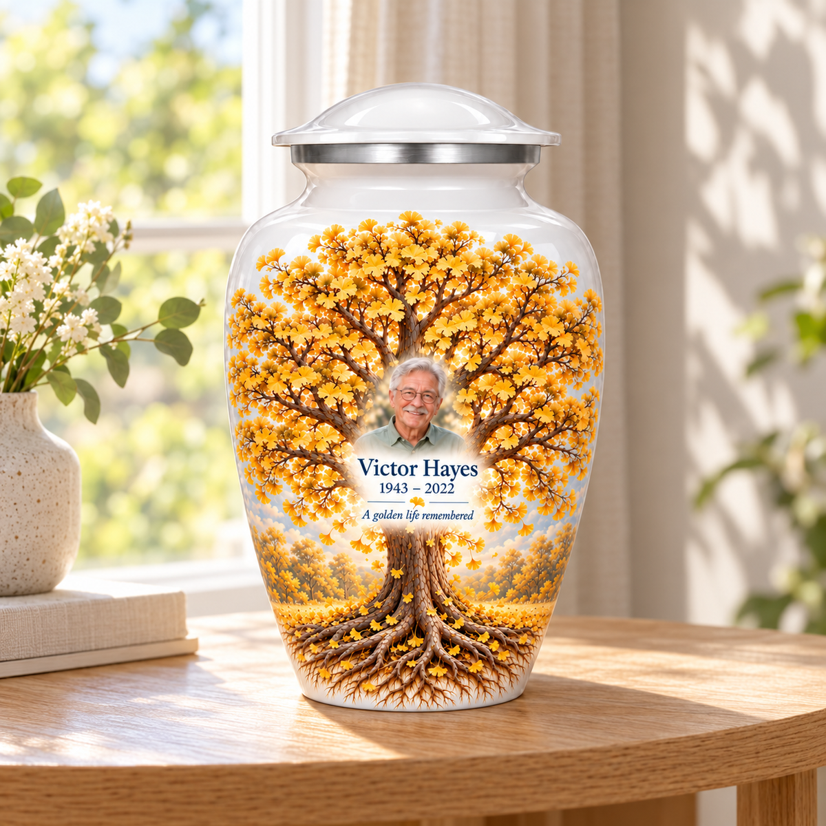 Golden Ginkgo Tree of Life adult urn with sample photo and text displayed in a sunlit home