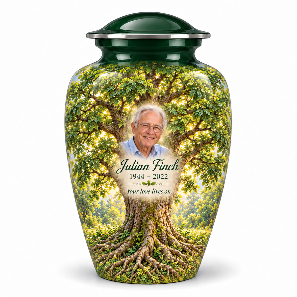 Green Tree of Life adult urn with green ash artwork and a borderless sample portrait