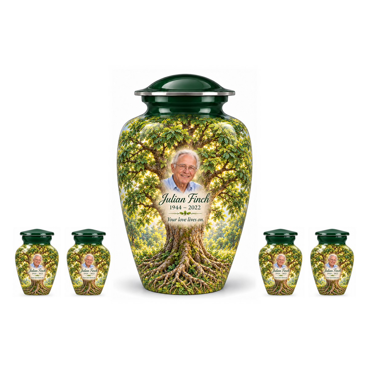 One Green Ash Tree of Life adult urn with four matching keepsake urns, sample photo and text, on a white background