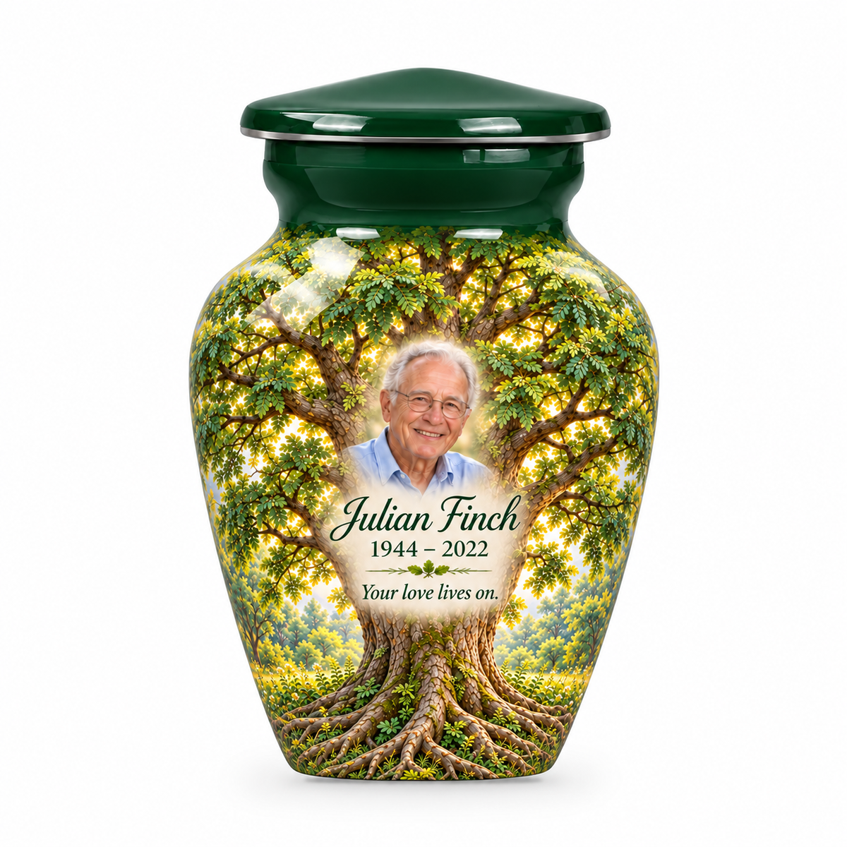 Matching green Tree of Life keepsake urn with green ash artwork, sample photo and text
