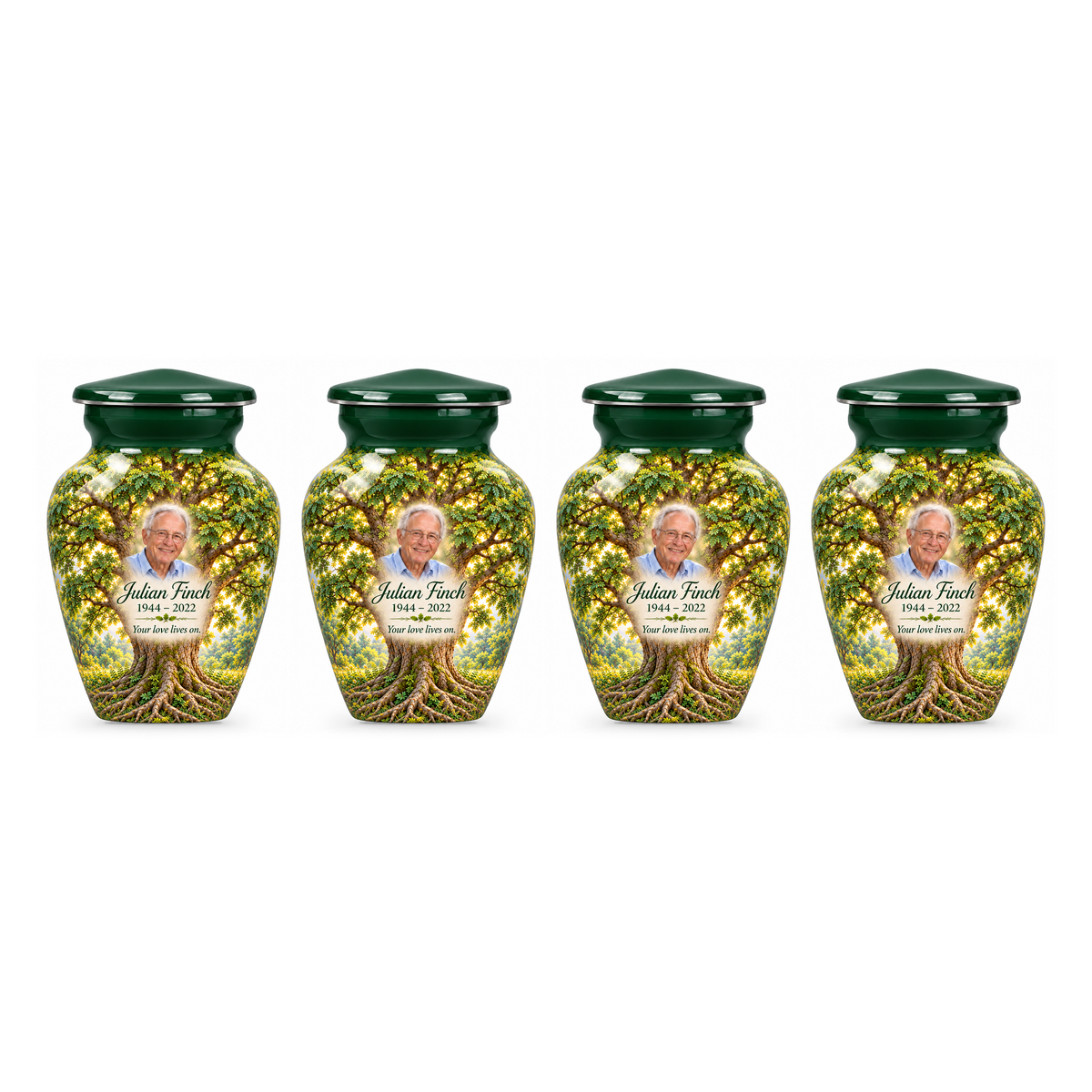 Four matching Green Ash Tree of Life keepsake urns with sample photo and text on a white background