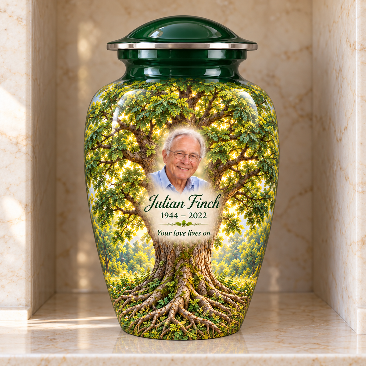 Green Ash Tree of Life adult urn with sample photo and text displayed in a columbarium niche