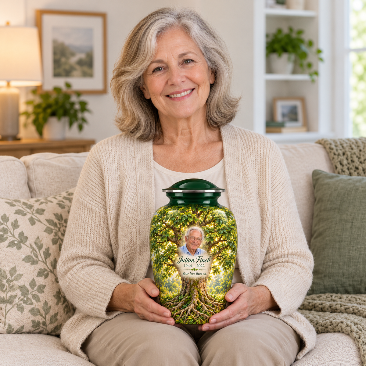 Green Ash Tree of Life adult urn with sample photo and text held upright on a seated person’s lap