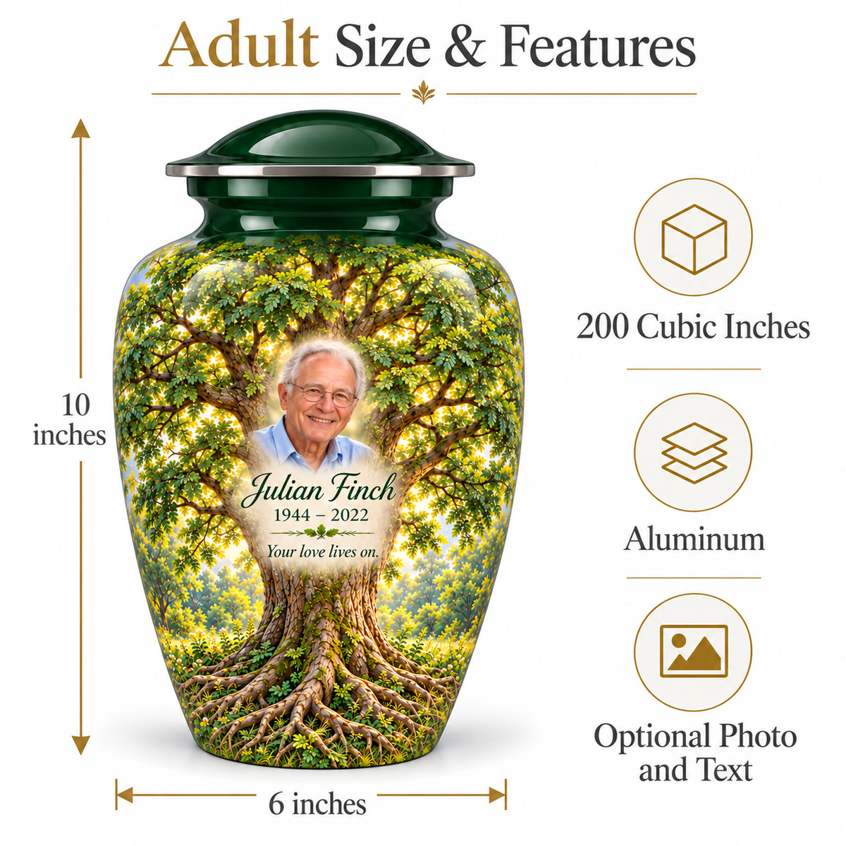 Green Ash Tree of Life adult urn size guide showing 10-inch height, 6-inch width, 200-cubic-inch capacity and Aluminum material
