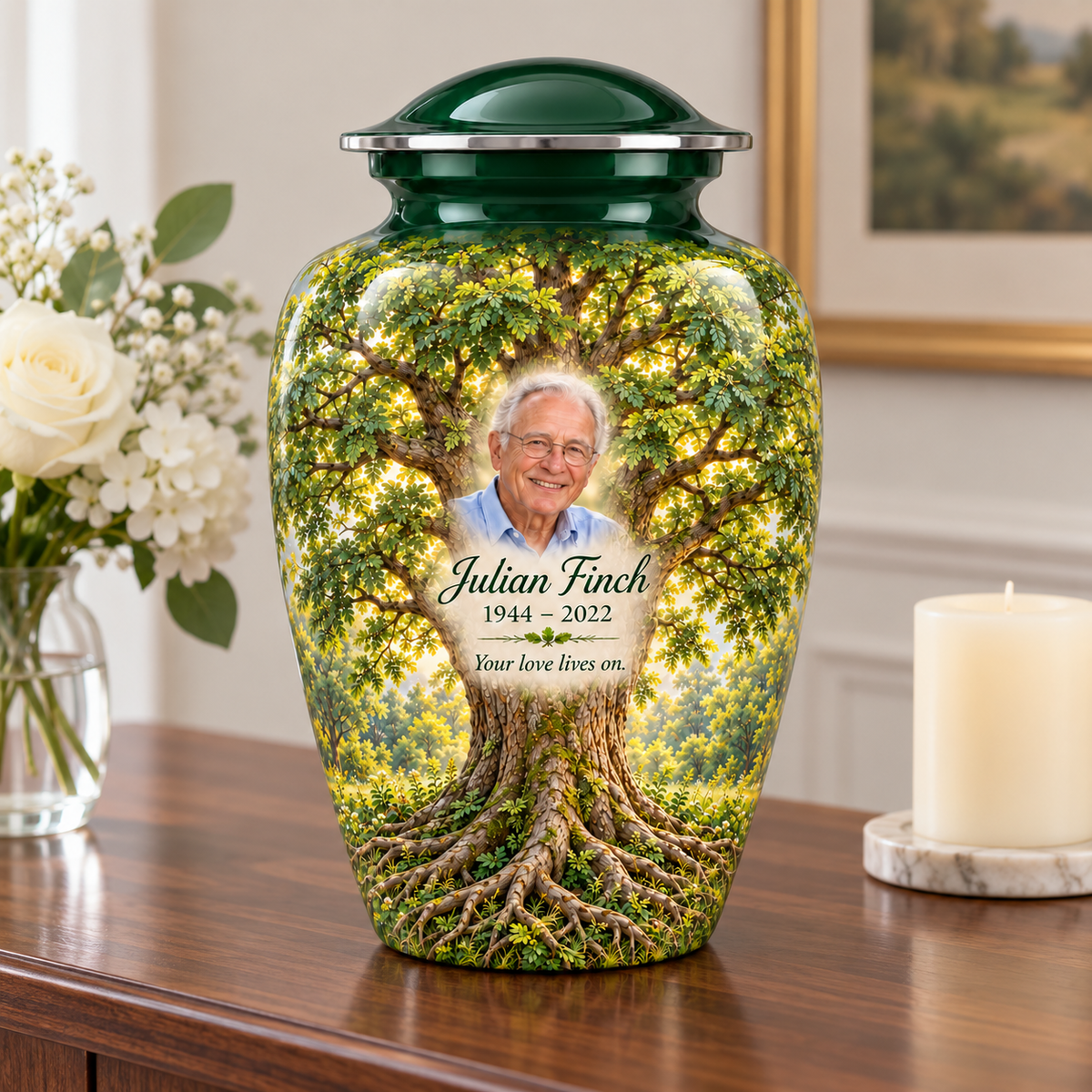Green Ash Tree of Life adult urn with sample photo and text displayed on a memorial console
