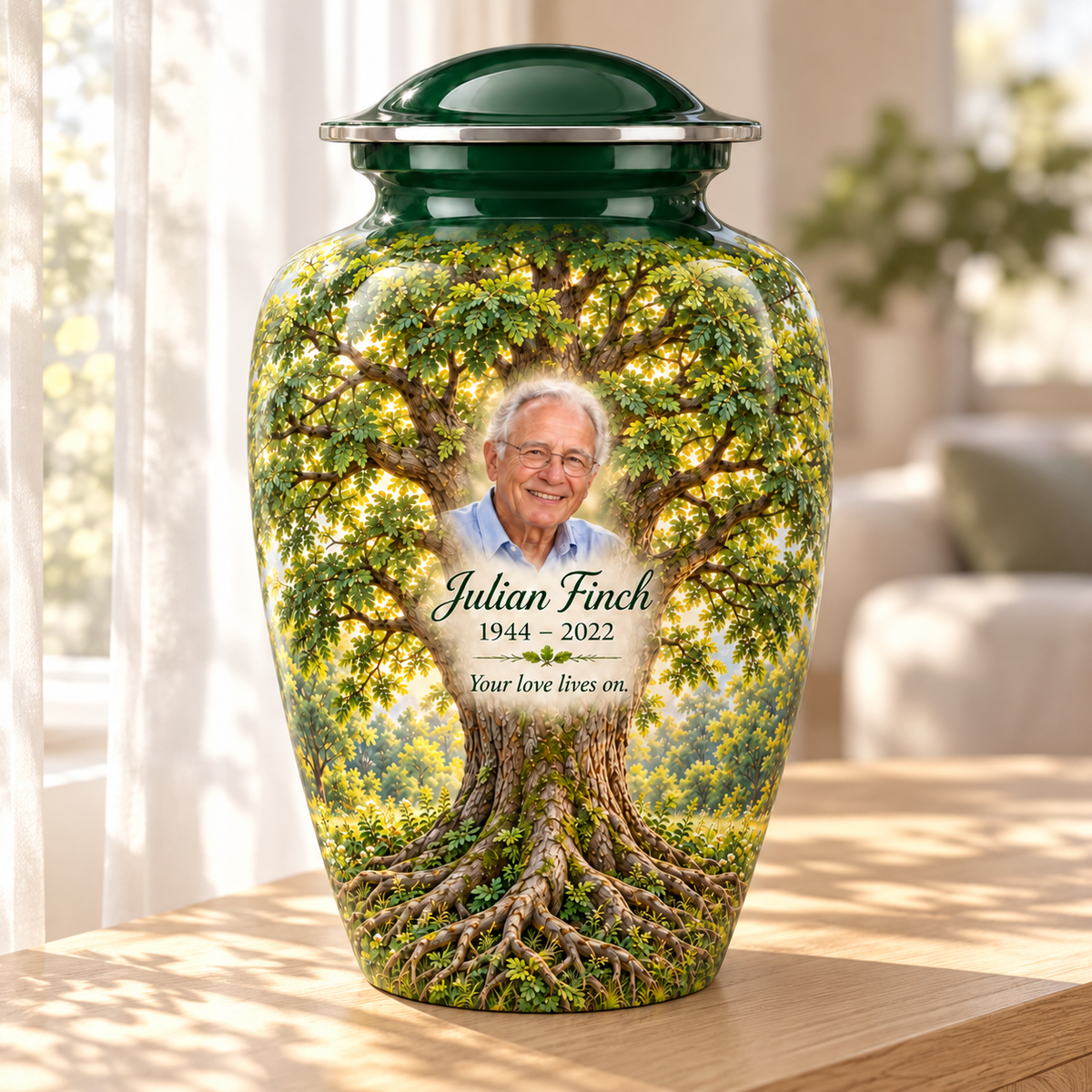 Green Ash Tree of Life adult urn with sample photo and text displayed in a sunlit home