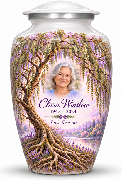 Purple Tree of Life adult urn with lavender willow artwork and a borderless sample portrait