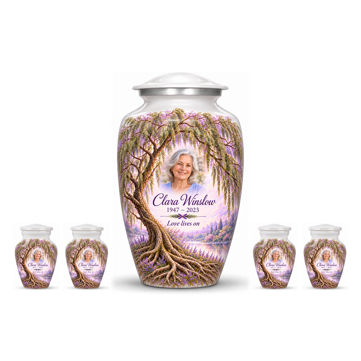One Lavender Willow Tree of Life adult urn with four matching keepsake urns, sample photo and text, on a white background