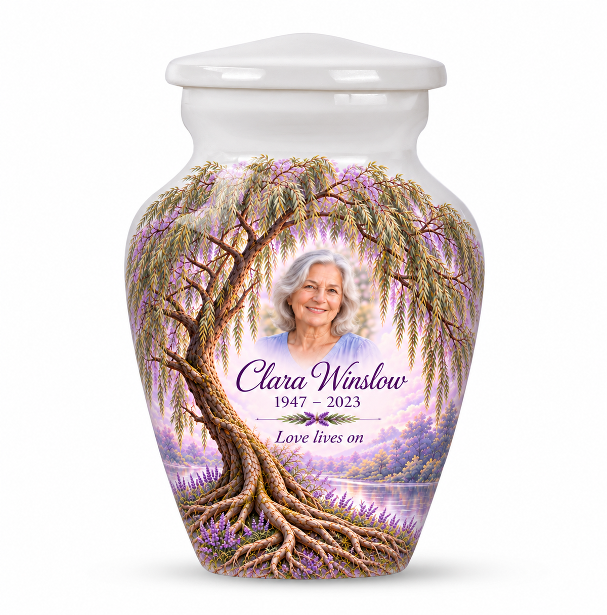 Matching purple Tree of Life keepsake urn with lavender willow artwork, sample photo and text
