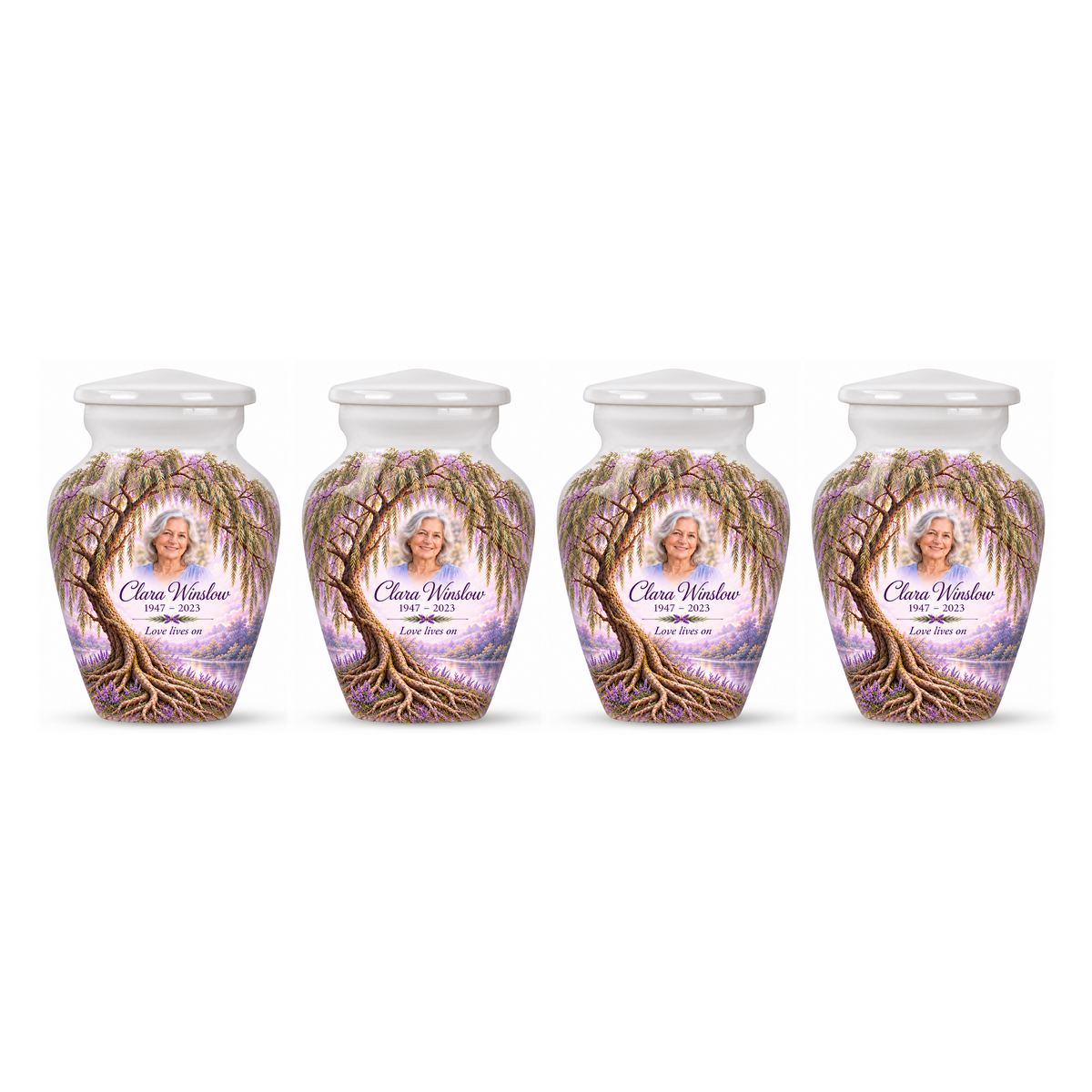 Four matching Lavender Willow Tree of Life keepsake urns with sample photo and text on a white background