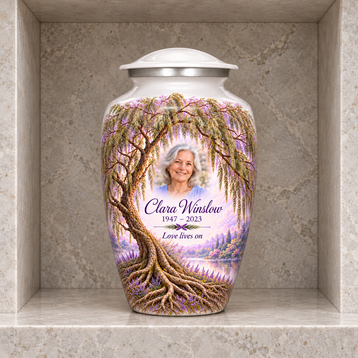 Lavender Willow Tree of Life adult urn with sample photo and text displayed in a columbarium niche