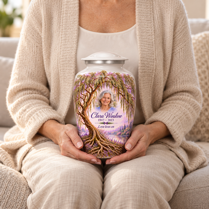 Lavender Willow Tree of Life adult urn with sample photo and text held upright on a seated person’s lap