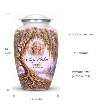 Lavender Willow Tree of Life adult urn size guide showing 10-inch height, 6-inch width, 200-cubic-inch capacity and Aluminum material